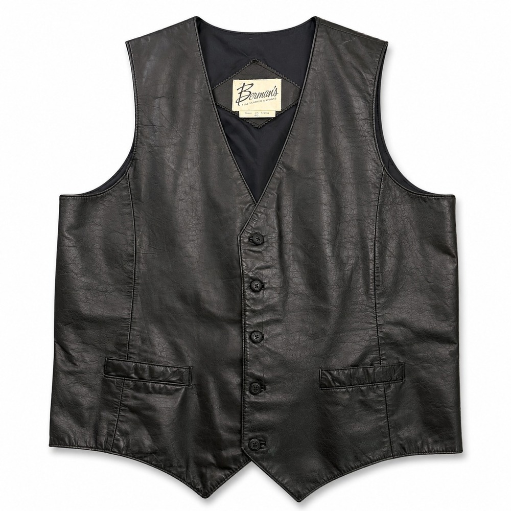 Vintage Bermans Leather Vest Men 46L Black Button Front Biker Western Motorcycle